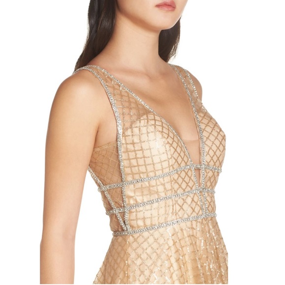 # Mac Duggal Gold Sequin Illusion Neck A Line Gown - Picture 16 of 17